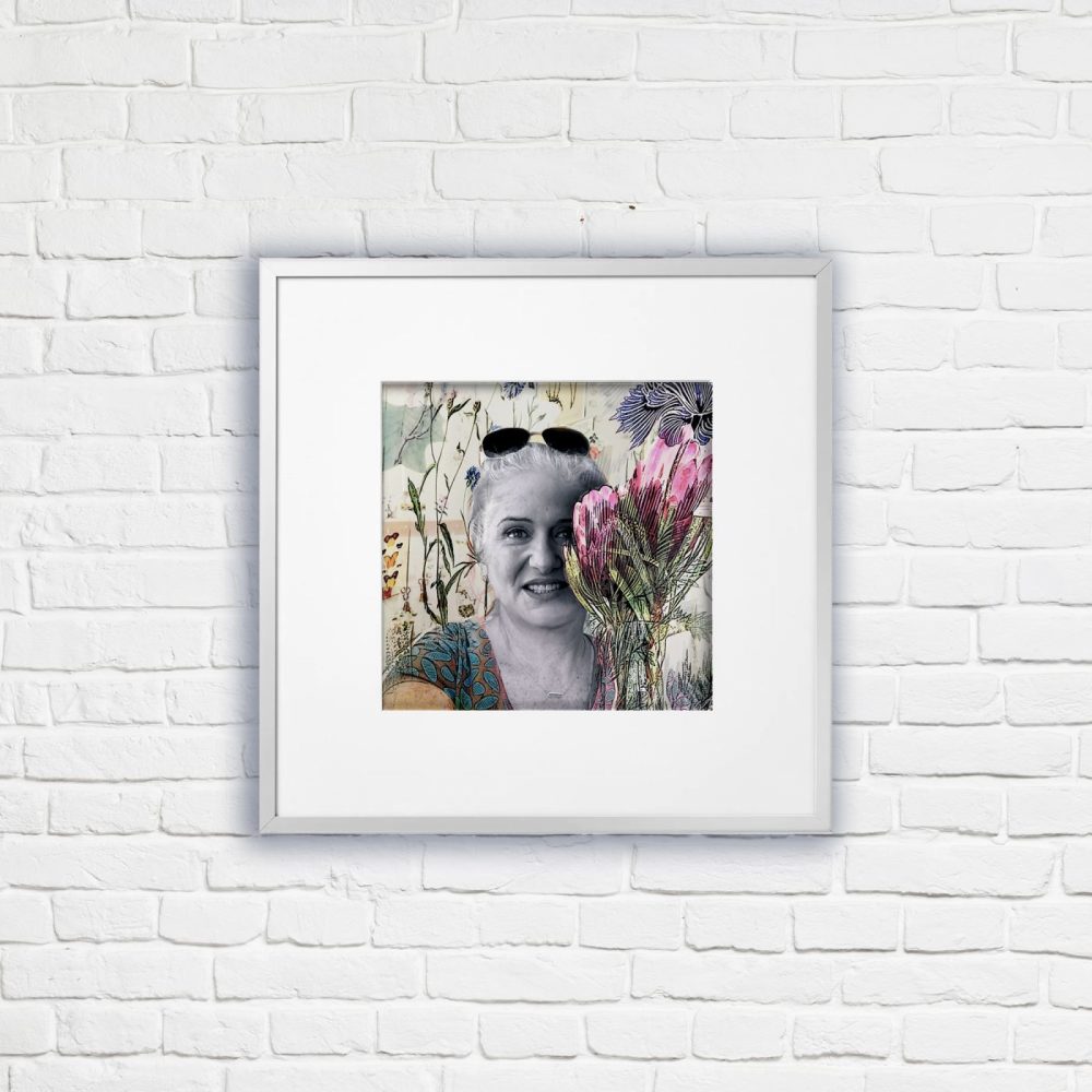Framed digital portrait fine art on a white brick wall
