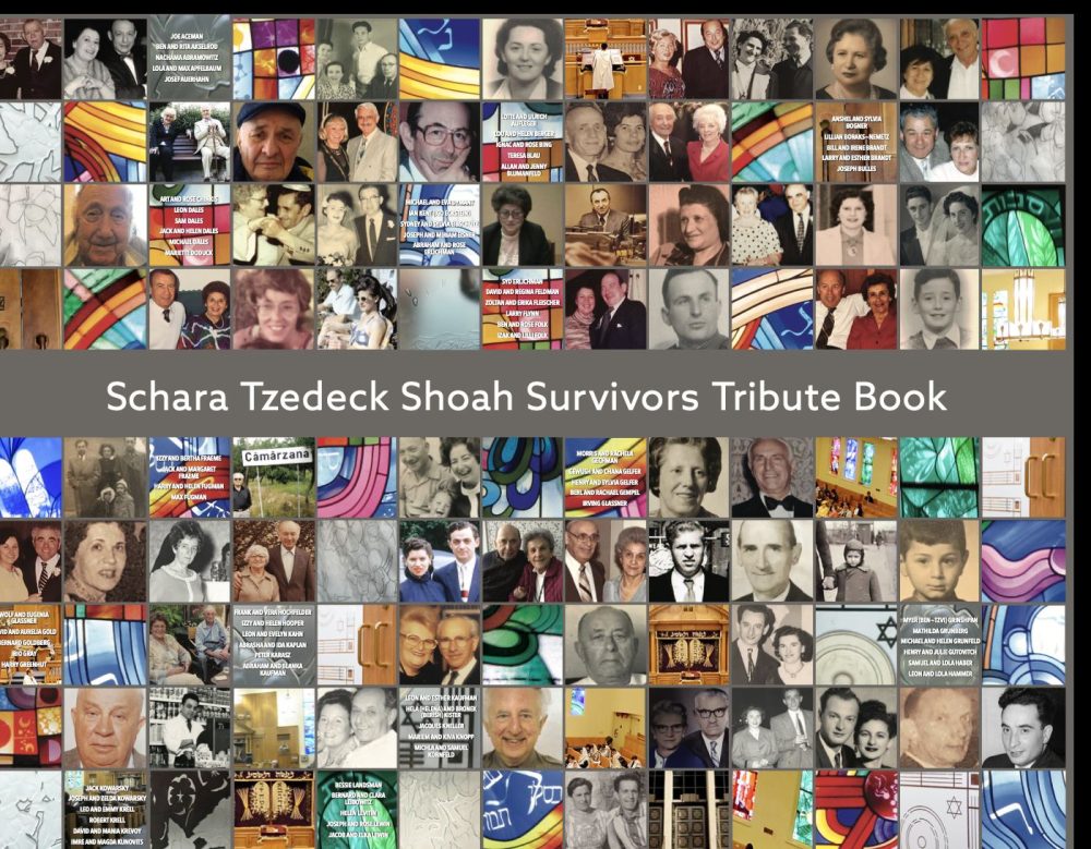 Schara Tzedeck Shoah Survivors Tribute Book cover, a mosaic of portraits