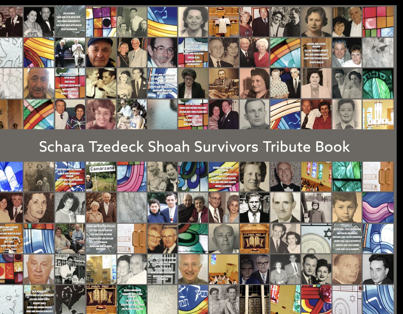 Schara Tzedeck Shoah Survivors Tribute Book cover, a mosaic of portraits